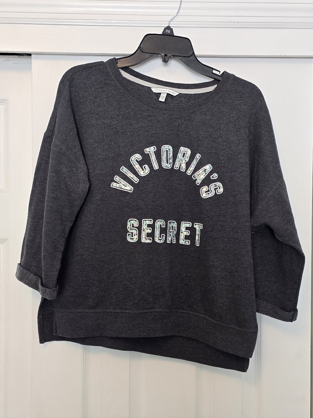 Victoria's Secret Charcoal Crewneck 3-Quarter Sleeve Sweatshirt w/ Shimmer Logo